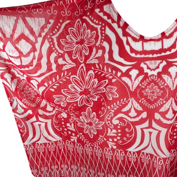 Chicos Red Poncho Semi Sheer Floral Boho Print Topper Cover Up Beachy Size L/XL - Picture 9 of 9